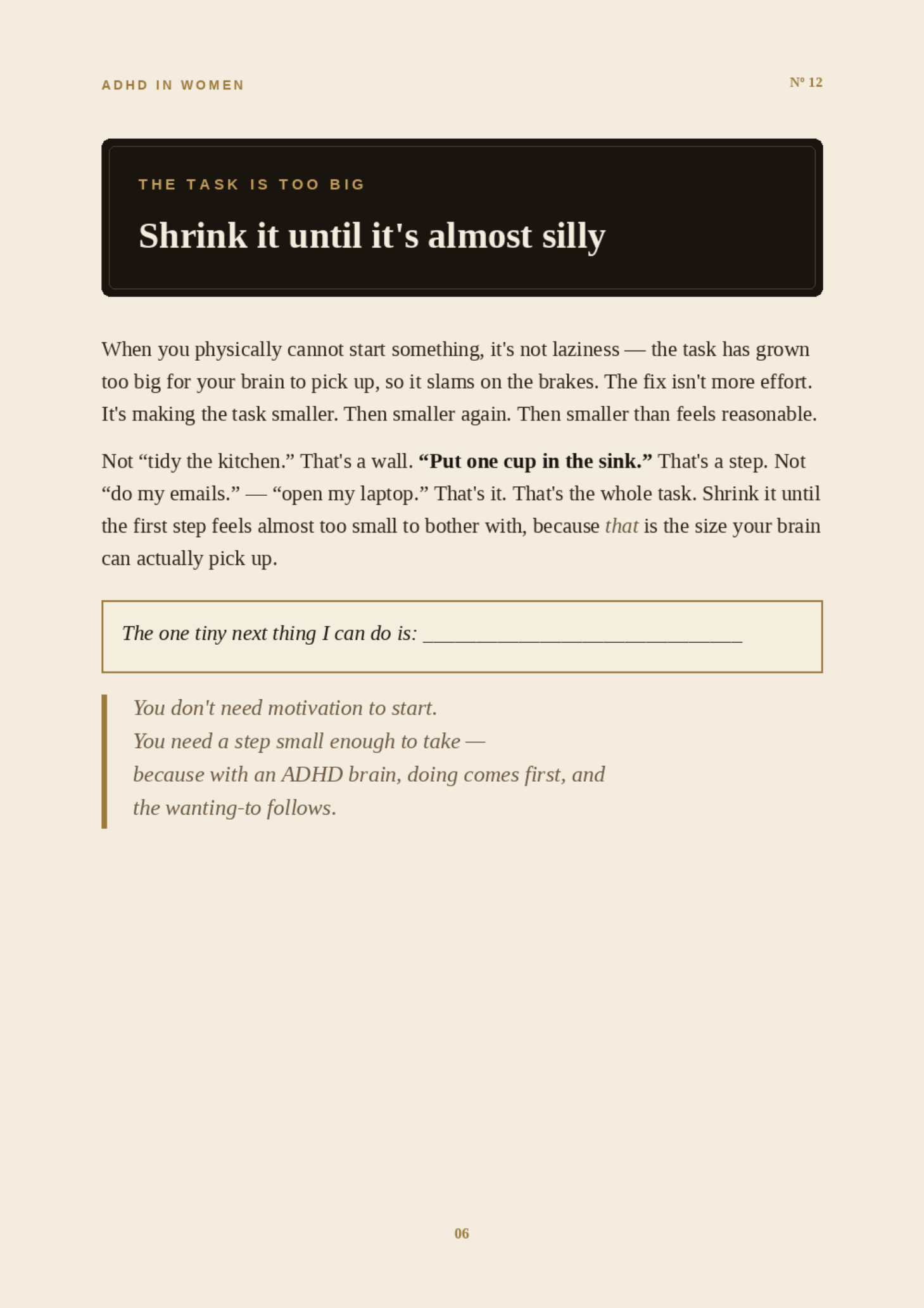 A Relief Kit page labelled with the moment it is for