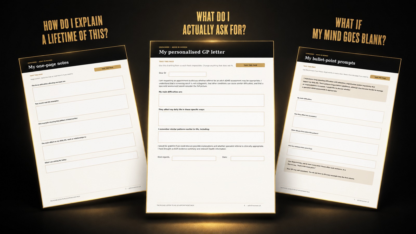 Three pages from the Please Listen to Me ADHD Appointment Pack, showing tools for organising experiences, creating a personalised letter and preparing opening words.